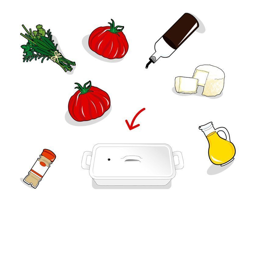 Icones des ingrédients composant la terrine de tomates, ailmacocotte.com