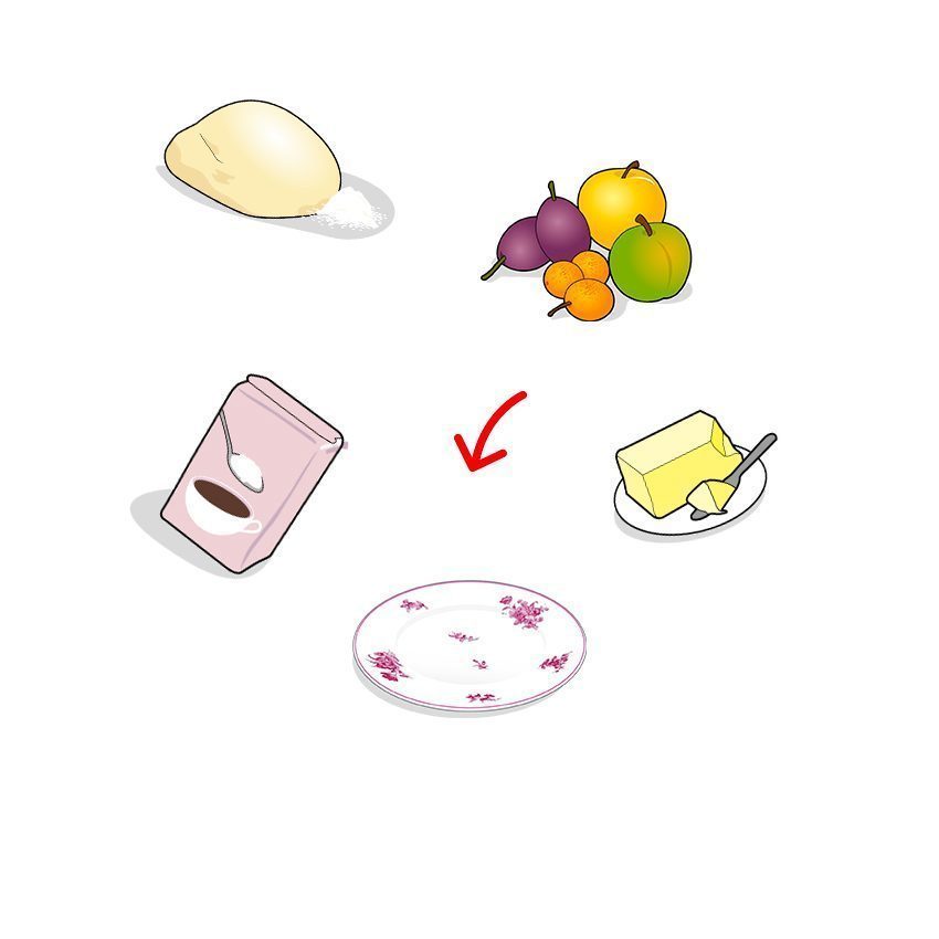 Icones des ingrédients composant la tarte feuilletée aux mirabelles, ailmacocotte.com, ailmacocotte.com