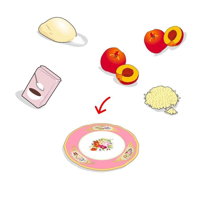 Icones des ingrédients composant la tarte rustique aux nectarines, ailmacocotte.com