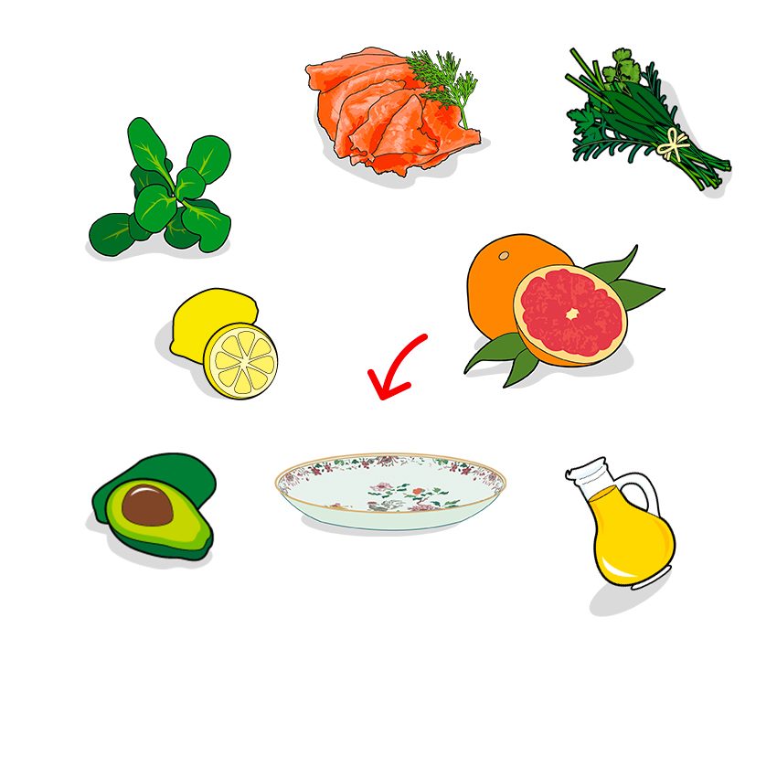 Icones des ingrédients composant la salade de saumon, avocat et pomélos