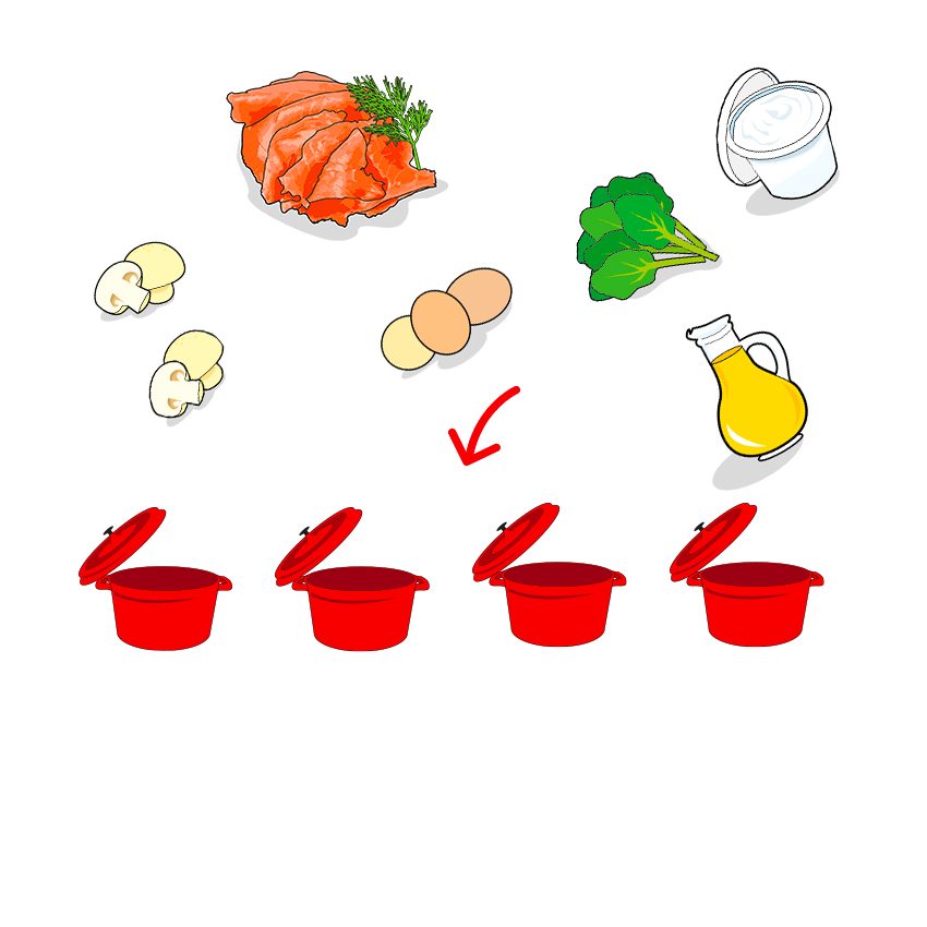 Icones des ingrédients composant les œufs cocotte au saumon
