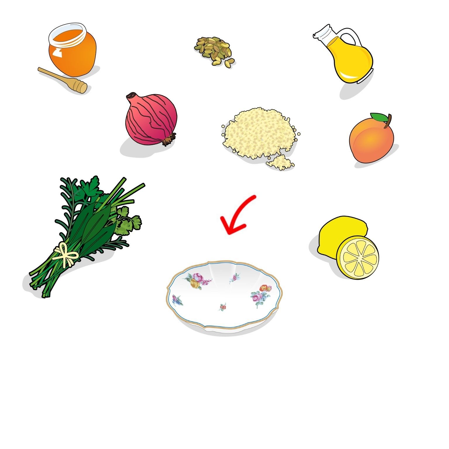 Ingrédients (130 x 130 mm) (3) Icones des ingrédients composant le quinoa aux abricots