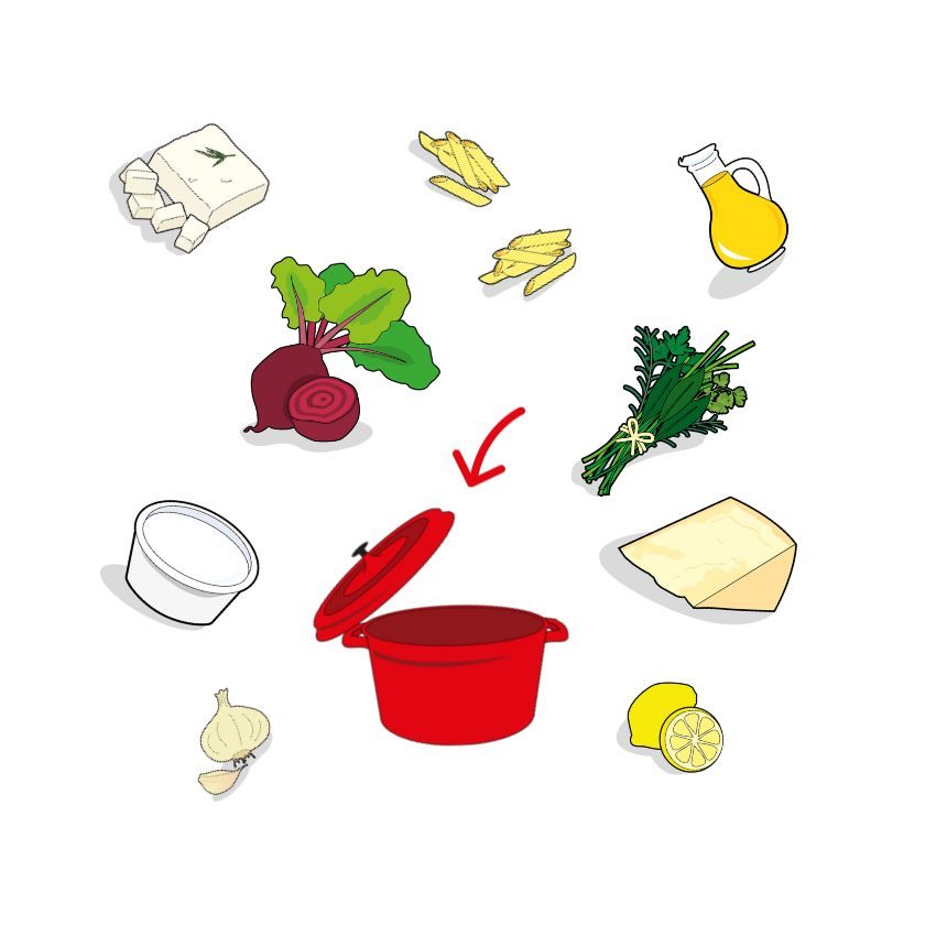 Icones des ingrédients composant les pâtes roses au gorgonzola