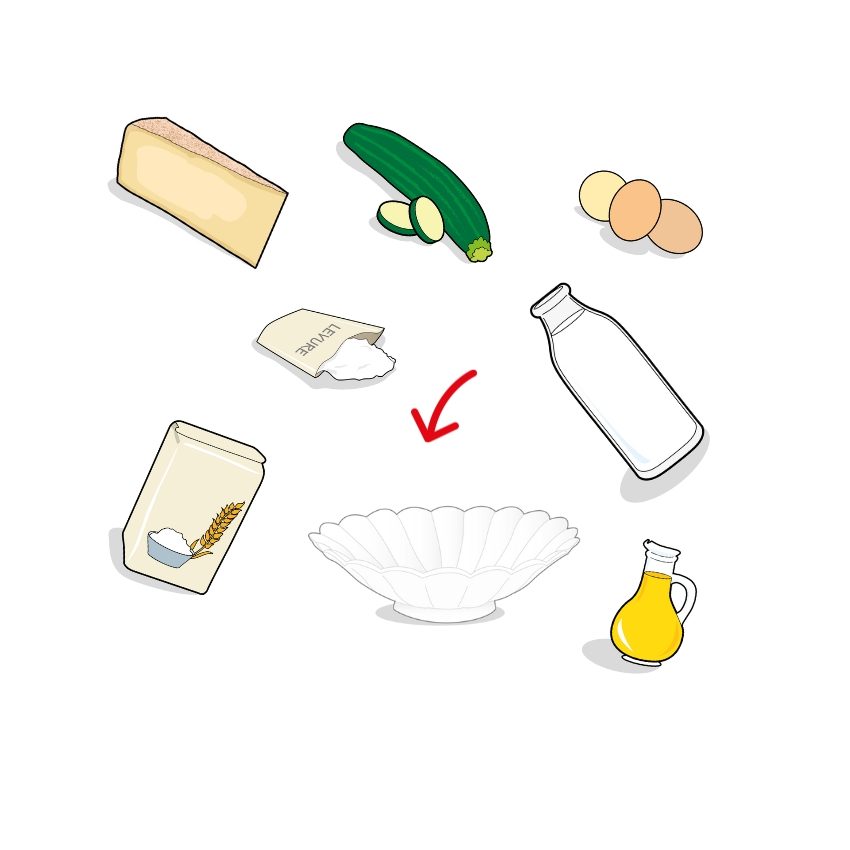 Icones des ingrédients composant les gaufres salées croustillantes aux courgettes et fromage